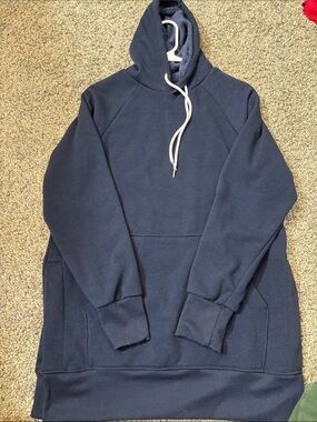 Navy Blue Pullover Hoodie Dress with Drawstring